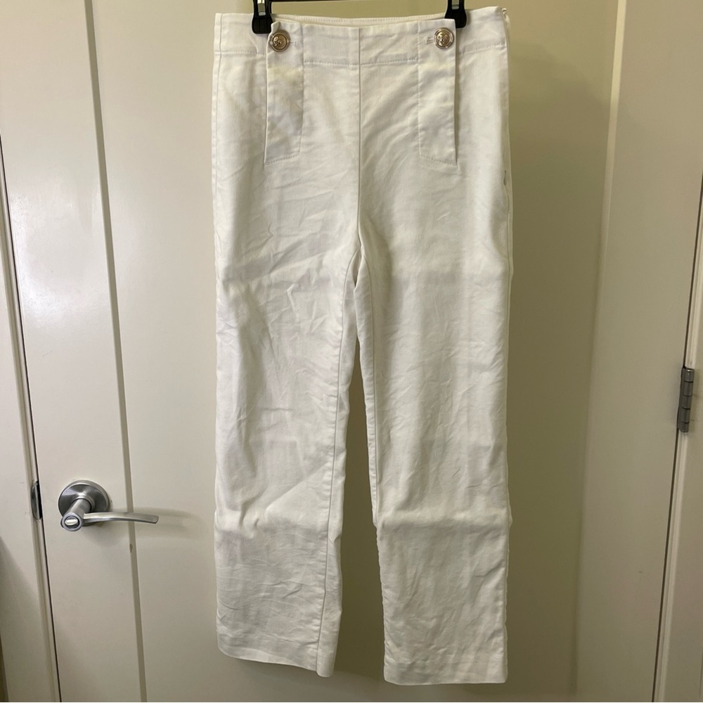 Ann Taylor White Linen Straight-Leg Chinos with High Waister
